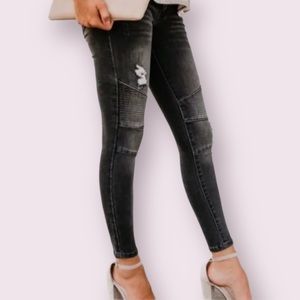 KANCAN Womens Cotton Moto Distressed Mid Rise Black Skinny Jeans Size 7/27
